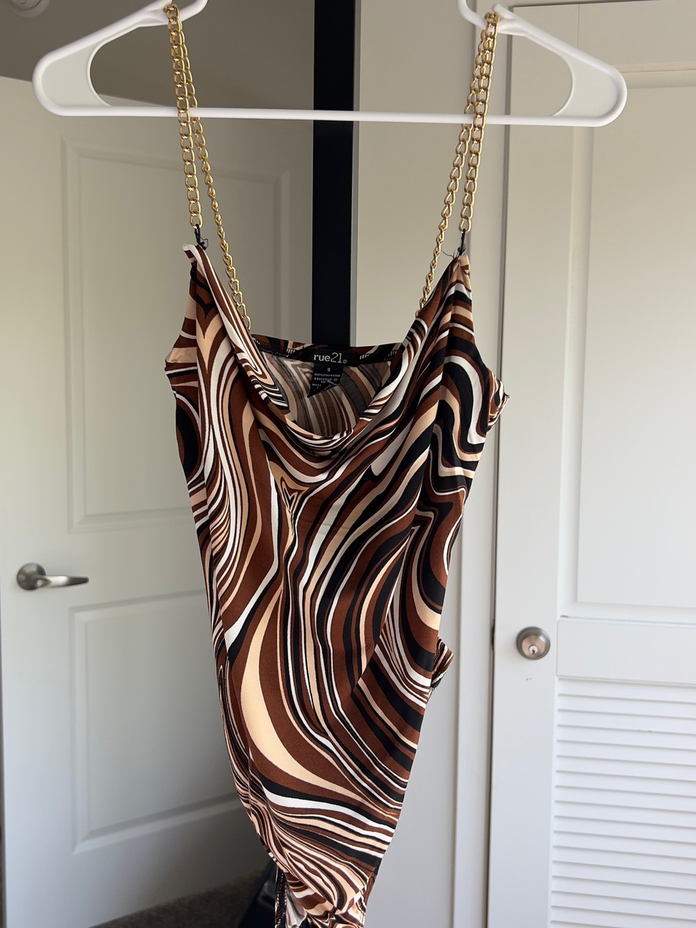 Rue21 Brown Tan Cream Swirl Cowl Neck Dress with Chain Straps